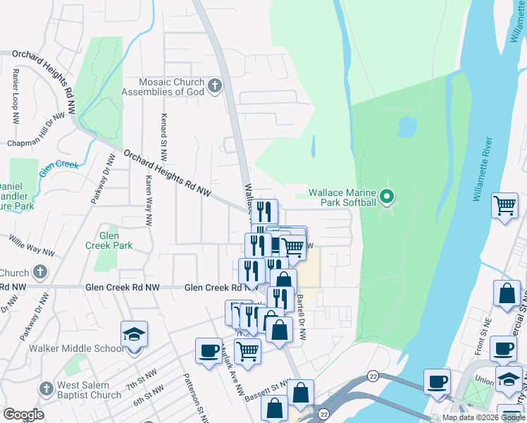 map of restaurants, bars, coffee shops, grocery stores, and more near 1250 Wallace Road Northwest in Salem