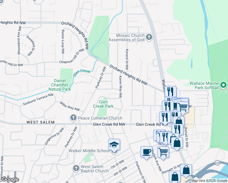 map of restaurants, bars, coffee shops, grocery stores, and more near 1070 Larkspur Lane Northwest in Salem
