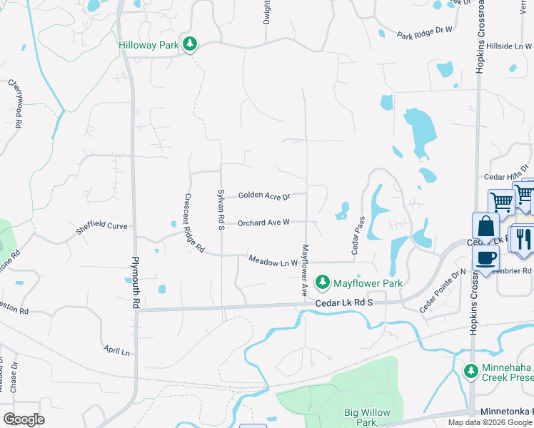 map of restaurants, bars, coffee shops, grocery stores, and more near 12116 Orchard Avenue West in Hopkins