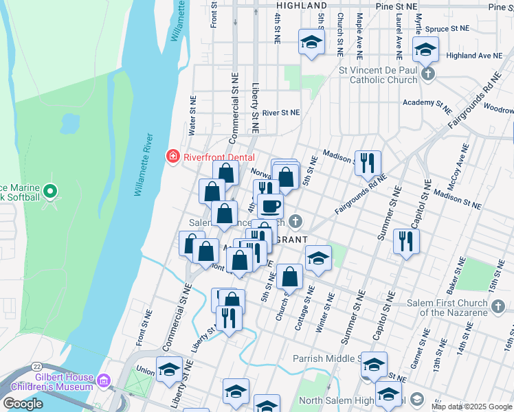 map of restaurants, bars, coffee shops, grocery stores, and more near 1430 4th Street Northeast in Salem
