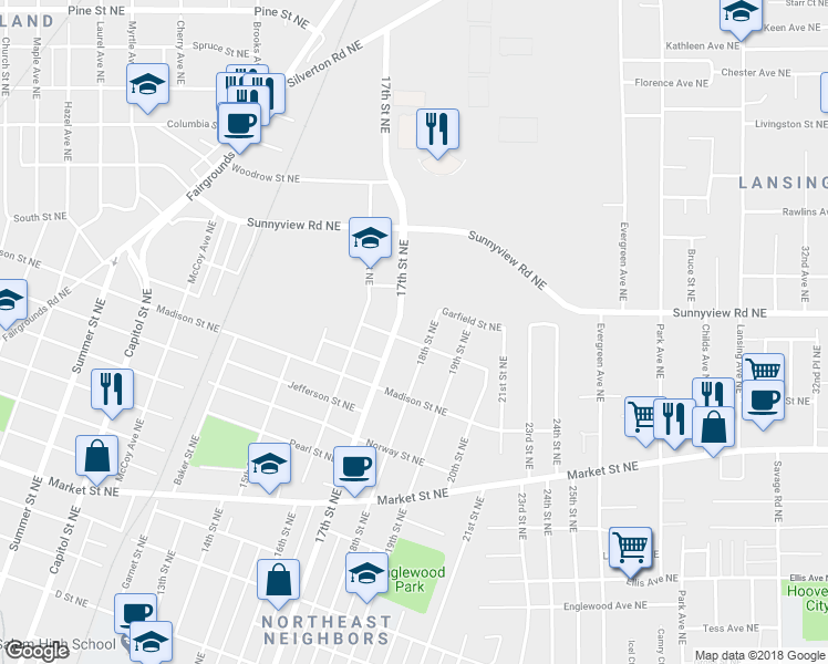 map of restaurants, bars, coffee shops, grocery stores, and more near 1745 Grant Street Northeast in Salem