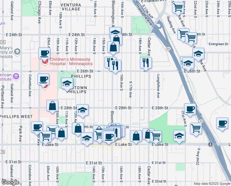 map of restaurants, bars, coffee shops, grocery stores, and more near 2705 Bloomington Avenue in Minneapolis