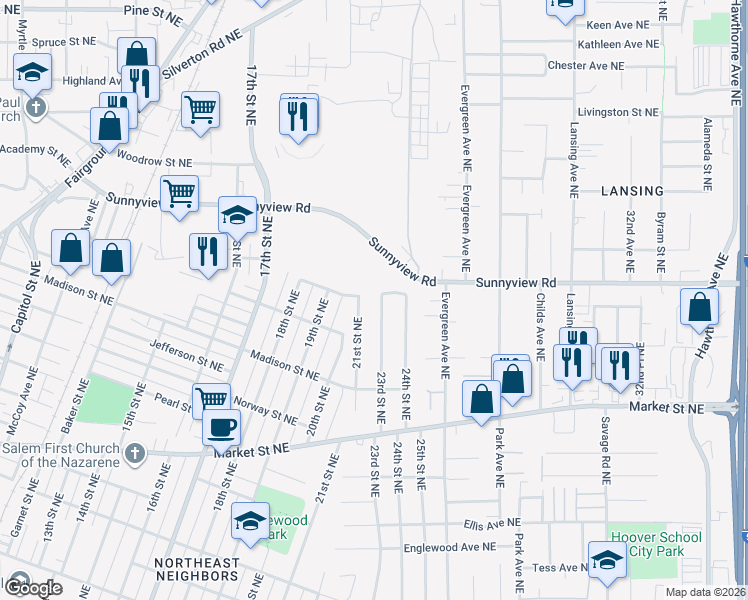 map of restaurants, bars, coffee shops, grocery stores, and more near 1975 23rd Street Northeast in Salem