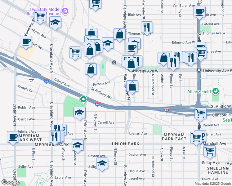 map of restaurants, bars, coffee shops, grocery stores, and more near 400 North Dewey Street in Saint Paul