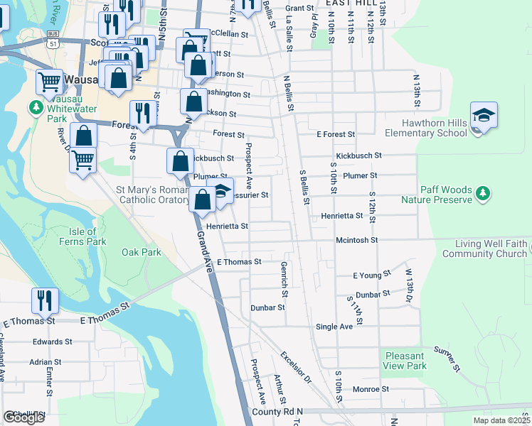 map of restaurants, bars, coffee shops, grocery stores, and more near 818 Henrietta Street in Wausau