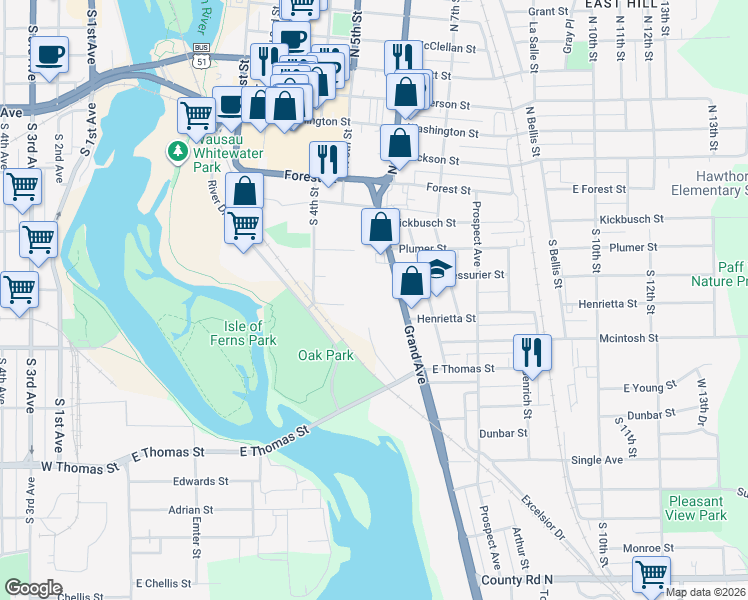 map of restaurants, bars, coffee shops, grocery stores, and more near 370 Grand Avenue in Wausau
