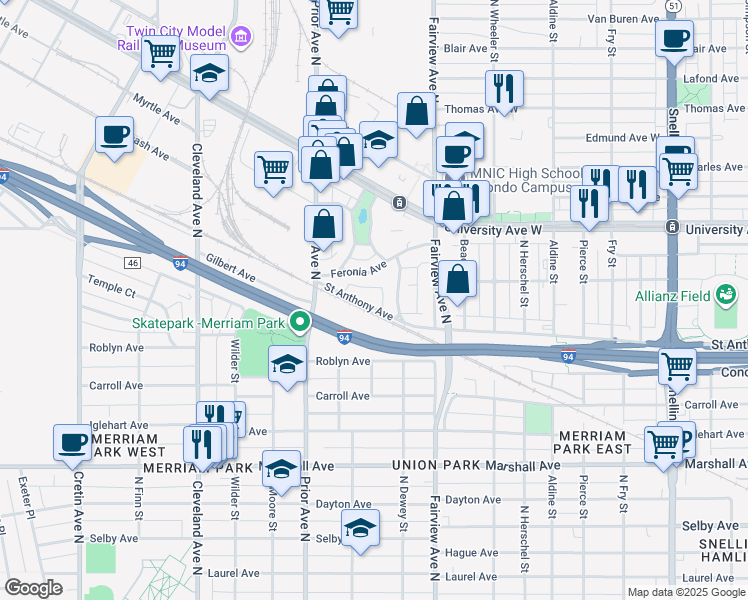map of restaurants, bars, coffee shops, grocery stores, and more near 1895 Saint Anthony Avenue in Saint Paul