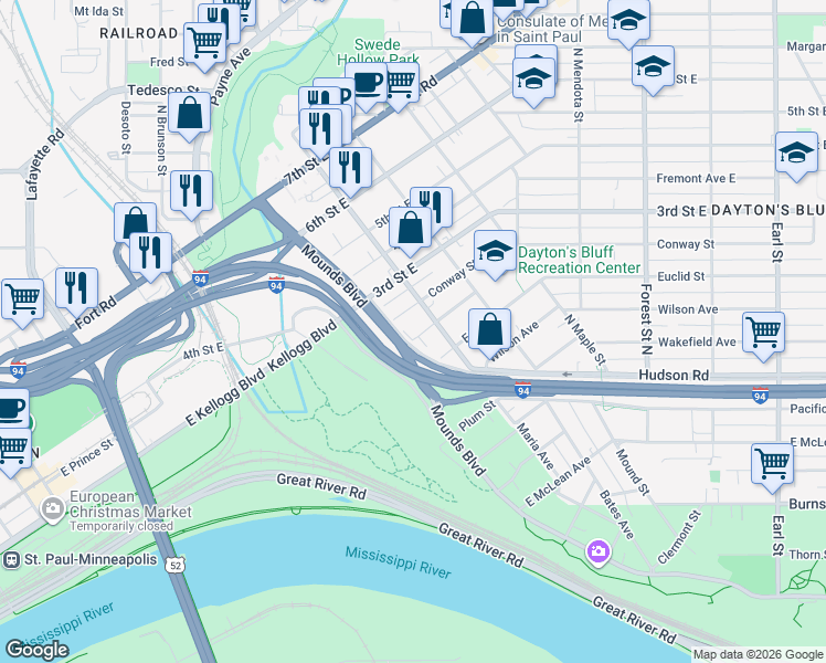 map of restaurants, bars, coffee shops, grocery stores, and more near 652 Conway Street in Saint Paul