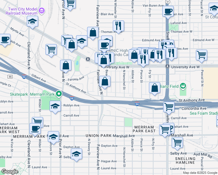 map of restaurants, bars, coffee shops, grocery stores, and more near 406 Beacon Avenue in Saint Paul