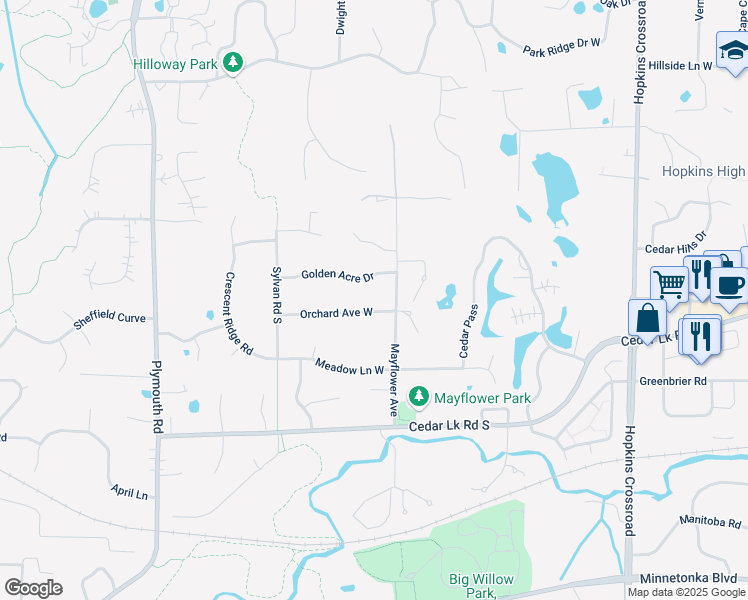 map of restaurants, bars, coffee shops, grocery stores, and more near 12100 Orchard Avenue West in Hopkins