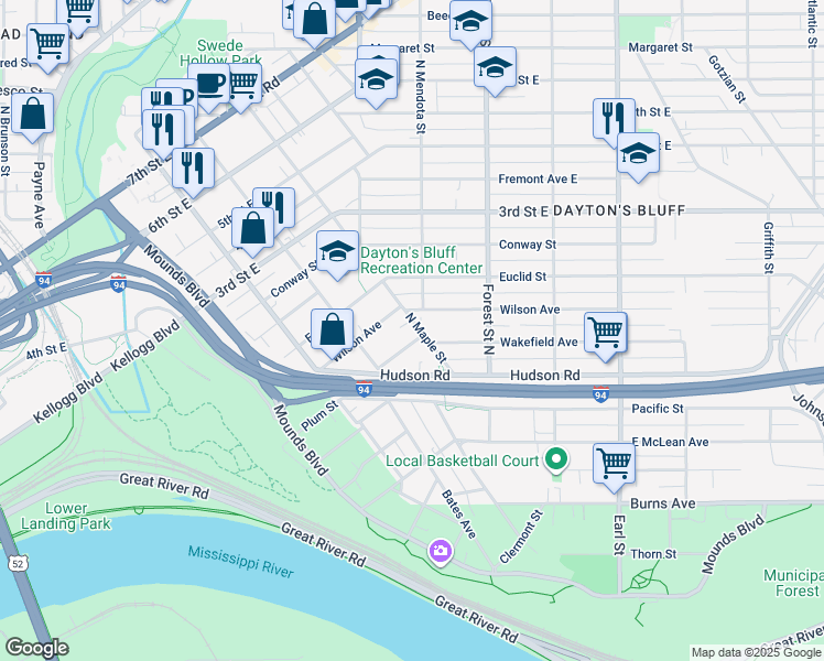 map of restaurants, bars, coffee shops, grocery stores, and more near 207 Maple Street in Saint Paul