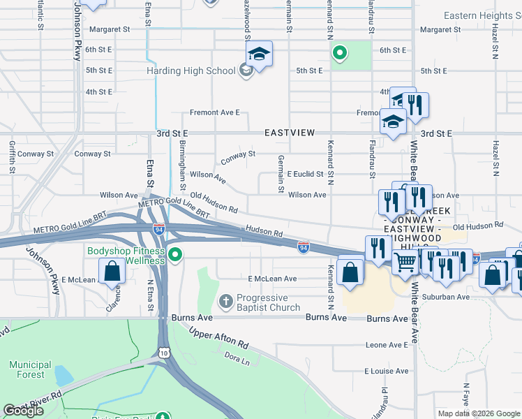 map of restaurants, bars, coffee shops, grocery stores, and more near 1555 Old Hudson Road in Saint Paul