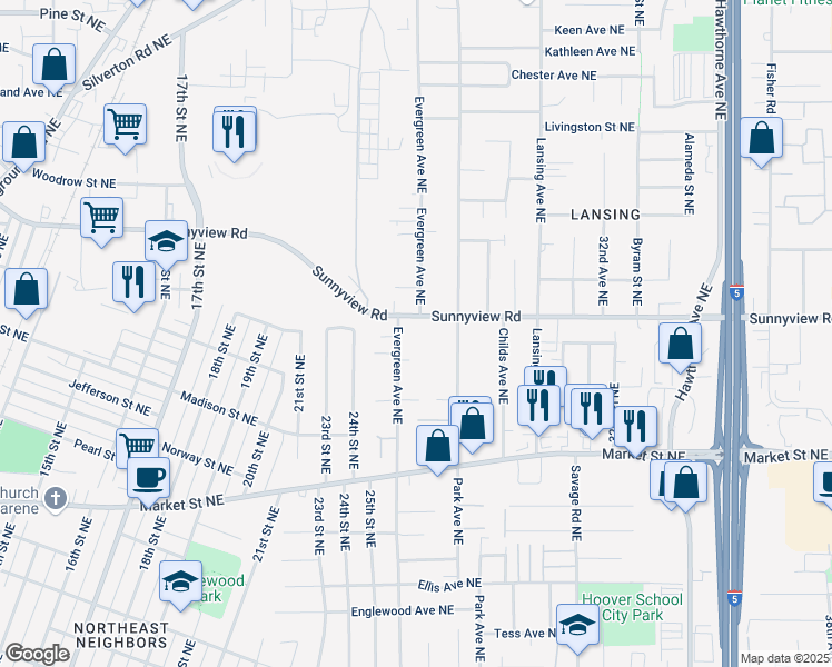 map of restaurants, bars, coffee shops, grocery stores, and more near 1978 Evergreen Avenue Northeast in Salem