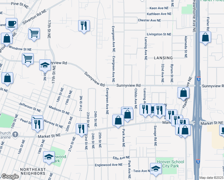 map of restaurants, bars, coffee shops, grocery stores, and more near 1978 Evergreen Avenue Northeast in Salem