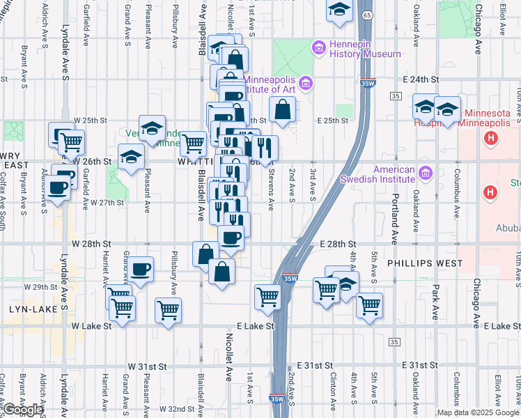 map of restaurants, bars, coffee shops, grocery stores, and more near 109 East 27th Street in Minneapolis