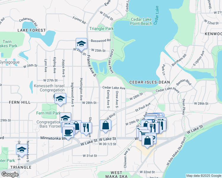 map of restaurants, bars, coffee shops, grocery stores, and more near 2701 Ewing Avenue South in Minneapolis