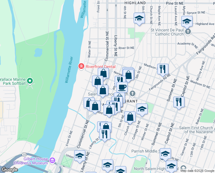 map of restaurants, bars, coffee shops, grocery stores, and more near 1406 Liberty Street Northeast in Salem