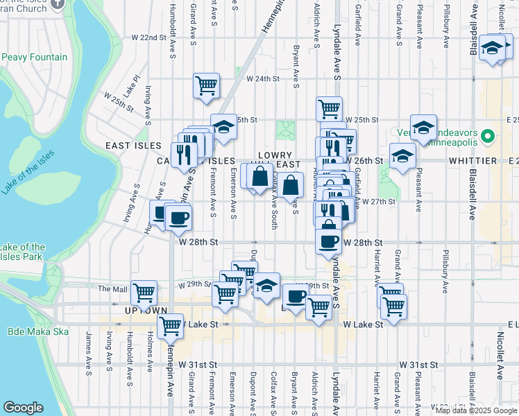 map of restaurants, bars, coffee shops, grocery stores, and more near 2705 Dupont Avenue South in Minneapolis