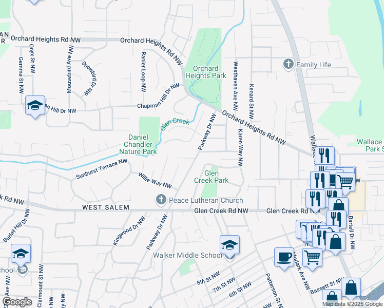 map of restaurants, bars, coffee shops, grocery stores, and more near 1425 Larkspur Lane Northwest in Salem