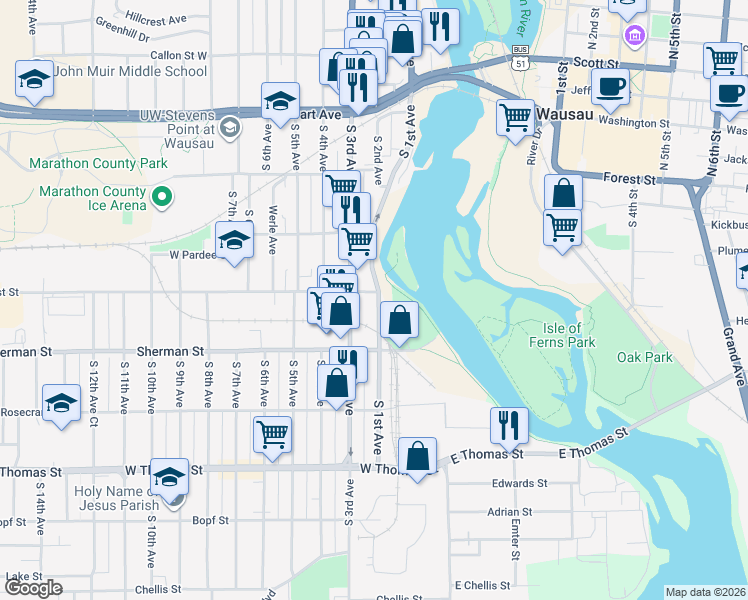 map of restaurants, bars, coffee shops, grocery stores, and more near 806 South 1st Avenue in Wausau