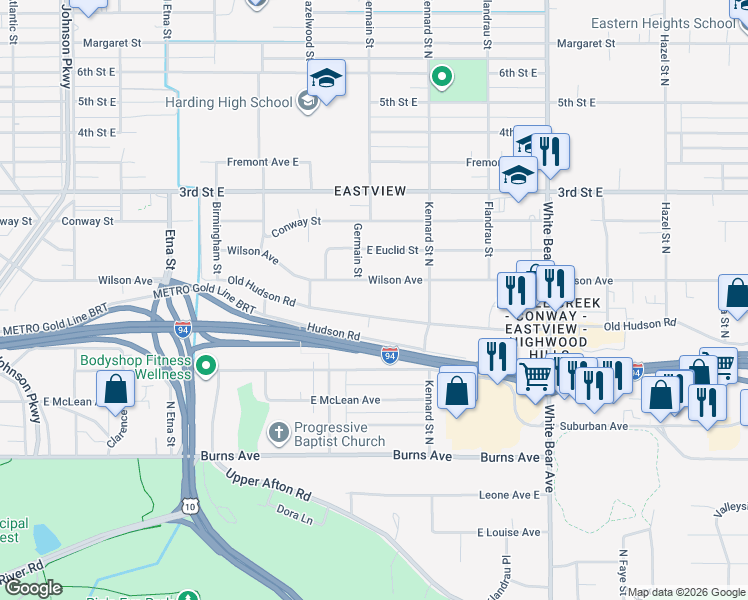 map of restaurants, bars, coffee shops, grocery stores, and more near 1601 Old Hudson Road in Saint Paul