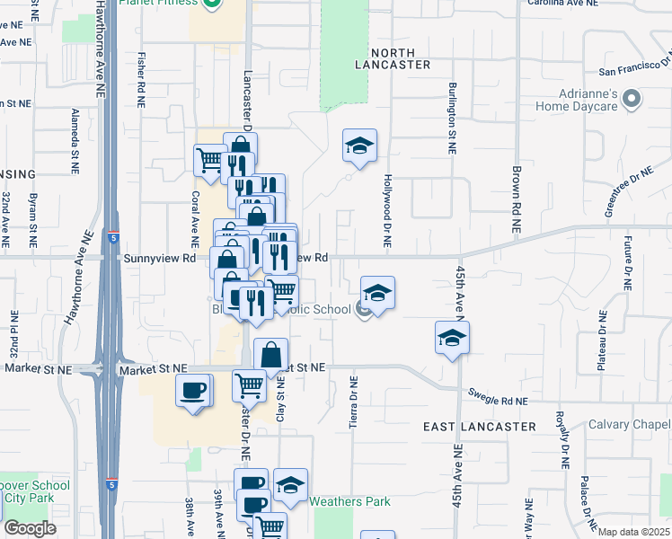 map of restaurants, bars, coffee shops, grocery stores, and more near 4200 Sunnyview Road Northeast in Salem