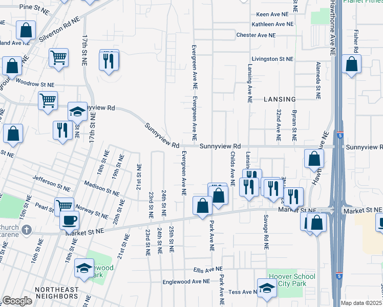 map of restaurants, bars, coffee shops, grocery stores, and more near 1978 Evergreen Avenue Northeast in Salem