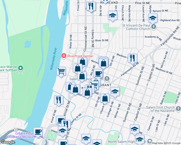 map of restaurants, bars, coffee shops, grocery stores, and more near 1430 4th Street Northeast in Salem