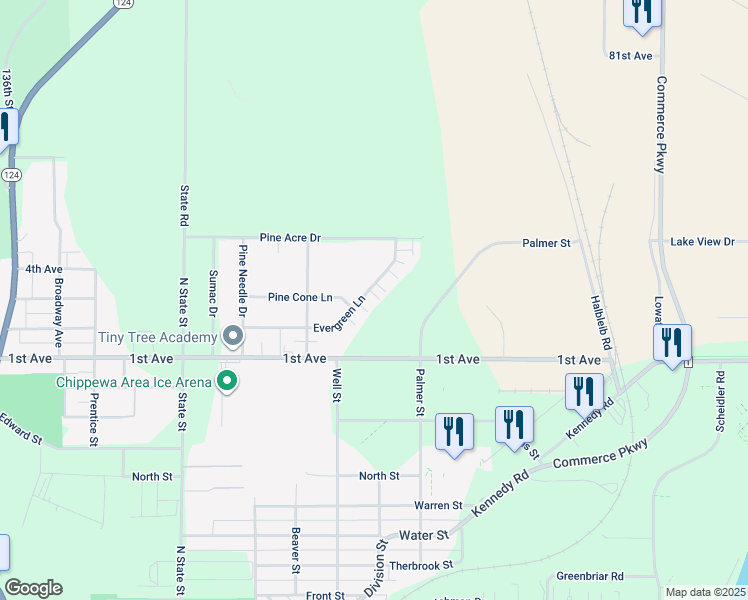 map of restaurants, bars, coffee shops, grocery stores, and more near 1137 Evergreen Lane in Chippewa Falls