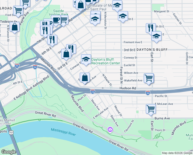 map of restaurants, bars, coffee shops, grocery stores, and more near 736 Wilson Avenue in Saint Paul