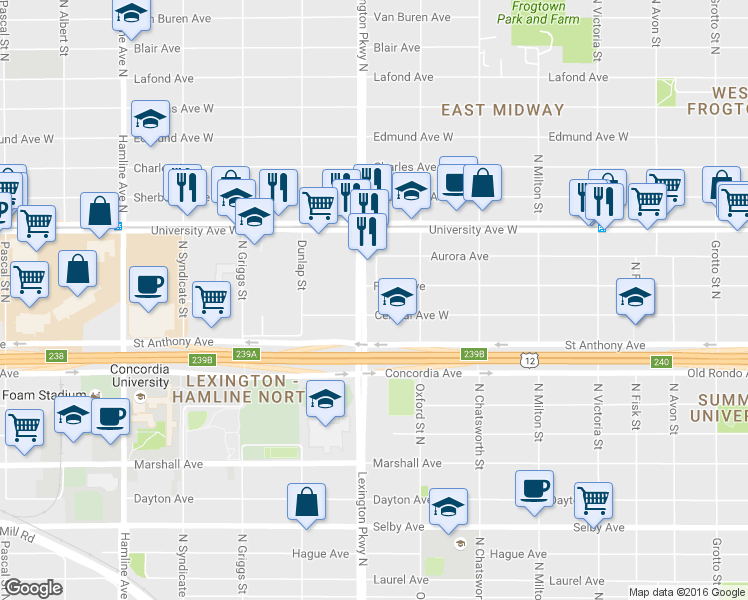 map of restaurants, bars, coffee shops, grocery stores, and more near 1072 Fuller Avenue in Saint Paul