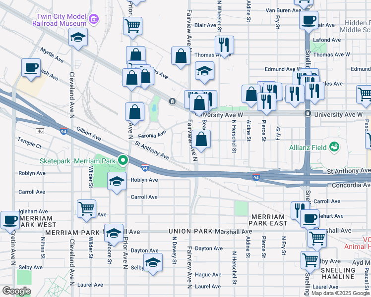 map of restaurants, bars, coffee shops, grocery stores, and more near 401 Fairview Avenue North in Saint Paul
