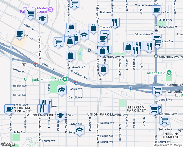 map of restaurants, bars, coffee shops, grocery stores, and more near 400 North Dewey Street in Saint Paul