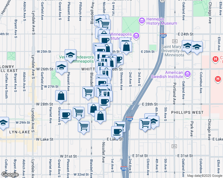 map of restaurants, bars, coffee shops, grocery stores, and more near 2707 Nicollet Avenue in Minneapolis