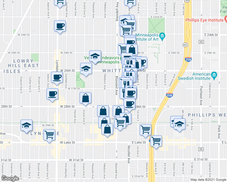 map of restaurants, bars, coffee shops, grocery stores, and more near 115 West 27th Street in Minneapolis