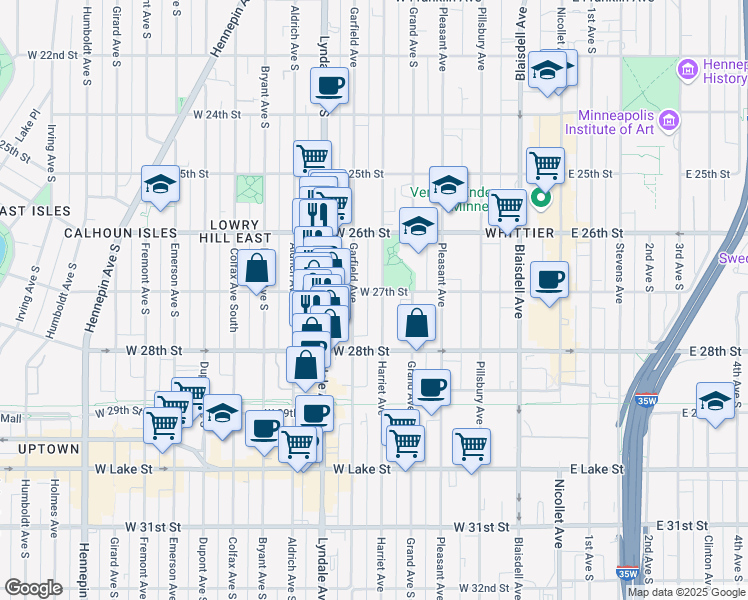 map of restaurants, bars, coffee shops, grocery stores, and more near 519 West 27th Street in Minneapolis