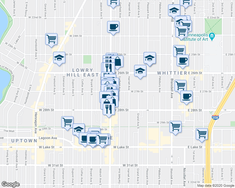 map of restaurants, bars, coffee shops, grocery stores, and more near 519 West 27th Street in Minneapolis