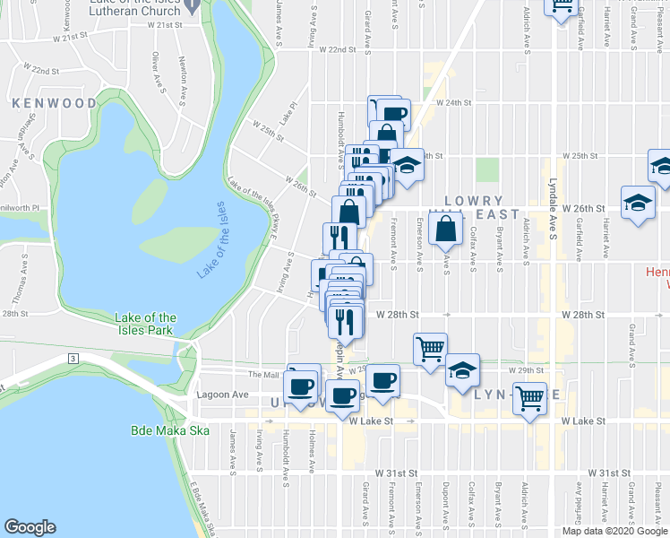map of restaurants, bars, coffee shops, grocery stores, and more near 1419 West 27th Street in Minneapolis