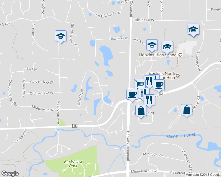 map of restaurants, bars, coffee shops, grocery stores, and more near 11441 Aspen Way in Hopkins