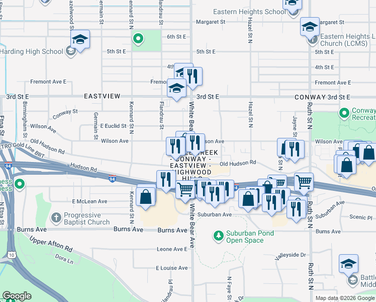 map of restaurants, bars, coffee shops, grocery stores, and more near 401 White Bear Avenue in Saint Paul