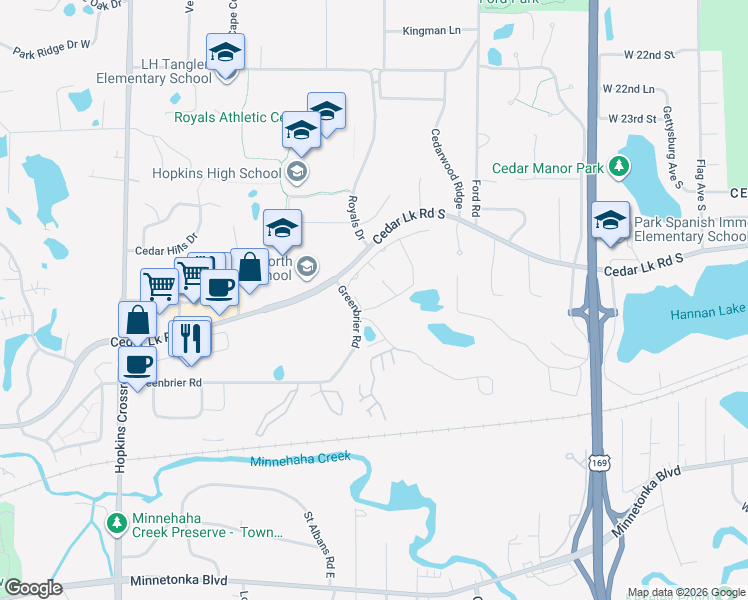 map of restaurants, bars, coffee shops, grocery stores, and more near 10311 Cedar Lake Road South in Hopkins