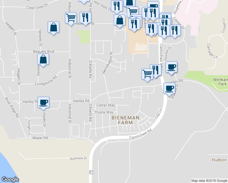 map of restaurants, bars, coffee shops, grocery stores, and more near 2122 Hanley Road in Hudson