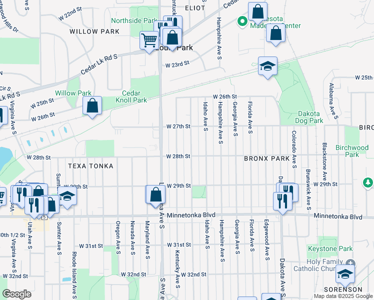 map of restaurants, bars, coffee shops, grocery stores, and more near 2747 Kentucky Avenue South in Minneapolis