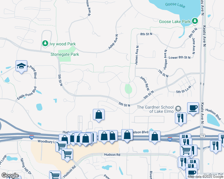 map of restaurants, bars, coffee shops, grocery stores, and more near 575 Julianne Avenue North in Lake Elmo
