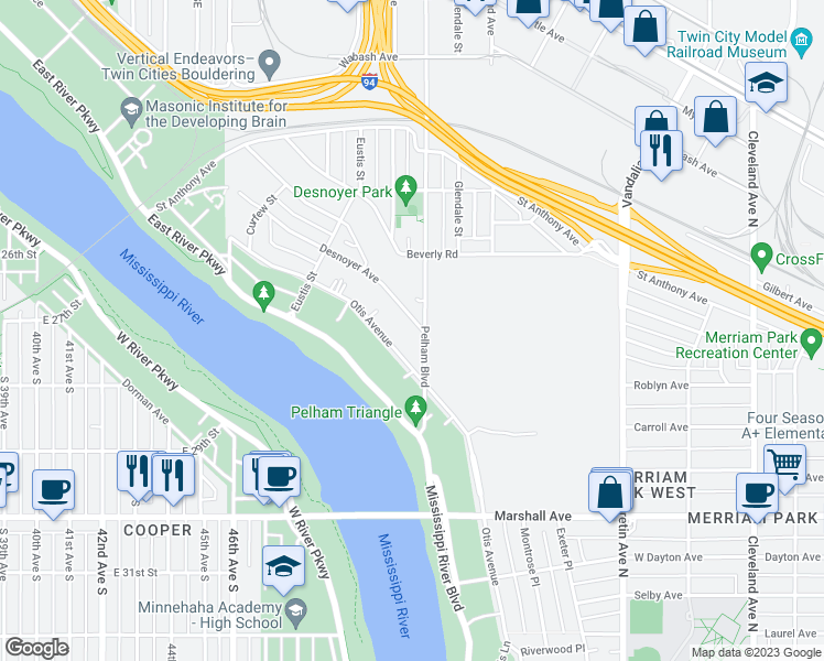 map of restaurants, bars, coffee shops, grocery stores, and more near 435 Desnoyer Avenue in Saint Paul