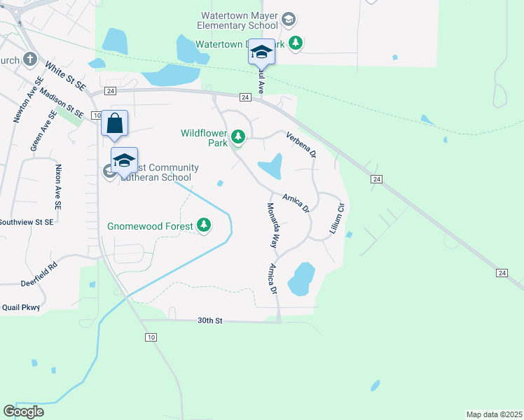 map of restaurants, bars, coffee shops, grocery stores, and more near 304 Monarda Way in Watertown