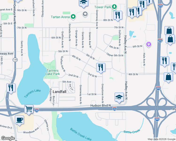 map of restaurants, bars, coffee shops, grocery stores, and more near 6630 3rd Street North in Saint Paul