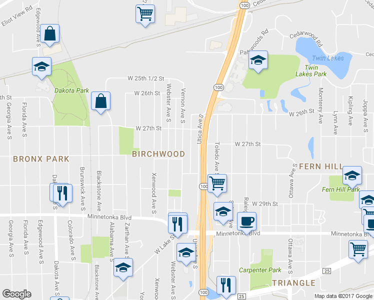 map of restaurants, bars, coffee shops, grocery stores, and more near 2745 Vernon Avenue South in Minneapolis