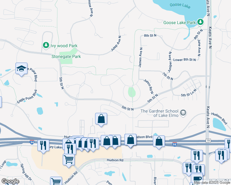 map of restaurants, bars, coffee shops, grocery stores, and more near 575 Julianne Avenue North in Lake Elmo