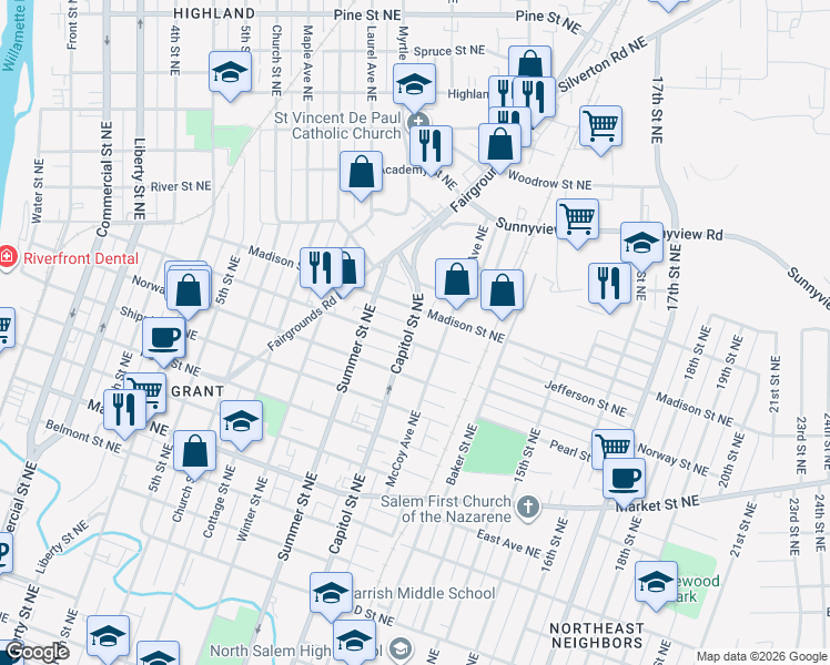 map of restaurants, bars, coffee shops, grocery stores, and more near 1730 Capitol Street Northeast in Salem